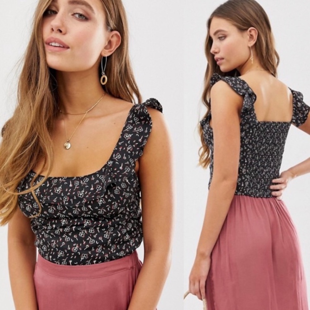 FREE PEOPLE Stay With You Ruffled Crop Top Black